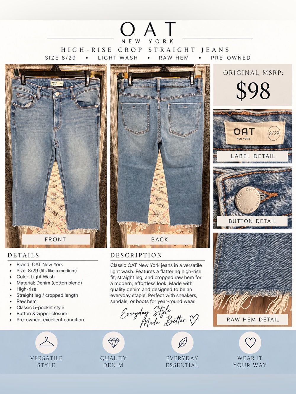 Oat New York Light Wash High-Rise Cropped Straight Jeans